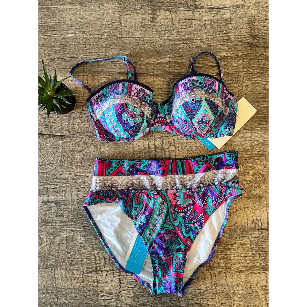 Gottex Paisley Bikini Set Sz8 High Waisted Retro Boho 34C Underwire Top Swimwear